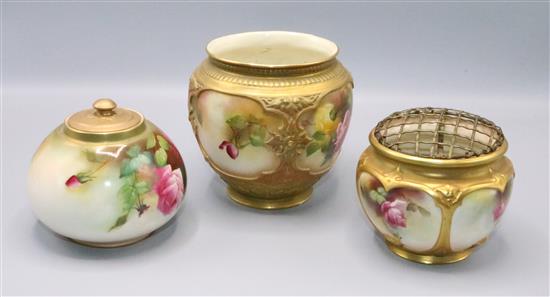 Two Royal Worcester rose painted small rose bowls (one damaged) and a similar urn, unsigned (3)